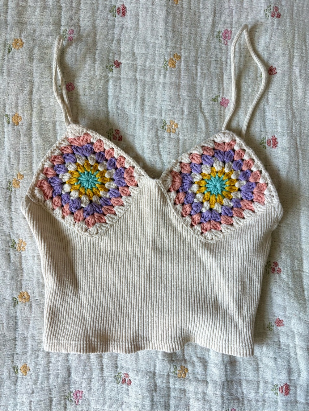 Zara Cream Ribbed Cami with Multicolor Crochet Cups
